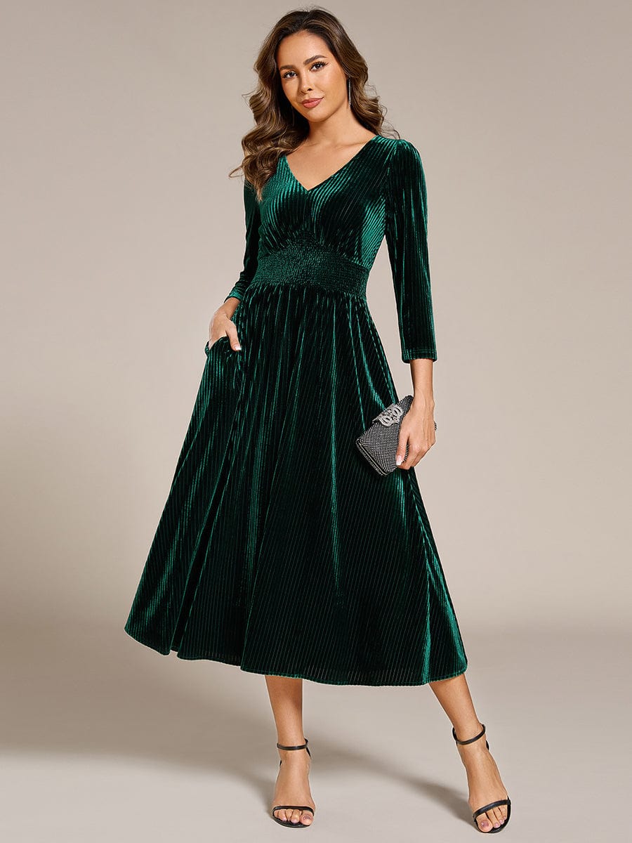 Long Sleeve High Stretch Velvet Tea Length Wedding Guest Dress #color_Dark Green