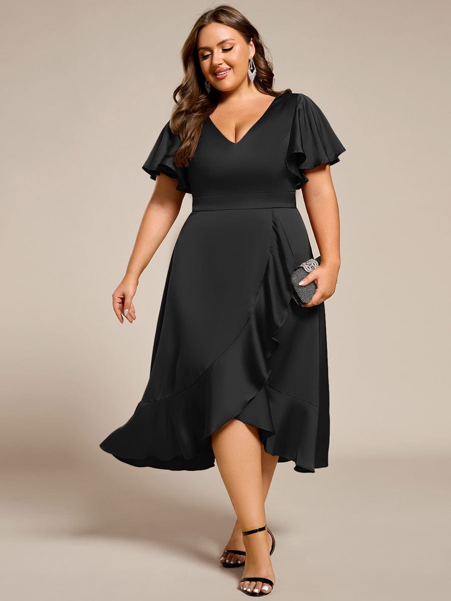 V-Neck Satin Midi Wedding Guest Dress with Ruffled Skirt #color_Black