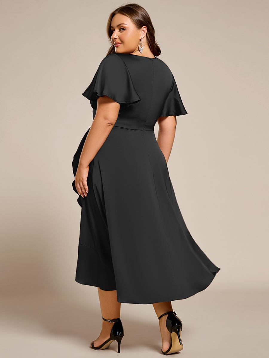 V-Neck Satin Midi Wedding Guest Dress with Ruffled Skirt #color_Black