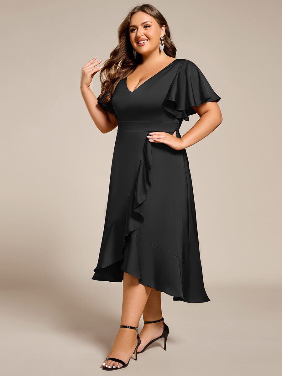 V-Neck Satin Midi Wedding Guest Dress with Ruffled Skirt #color_Black