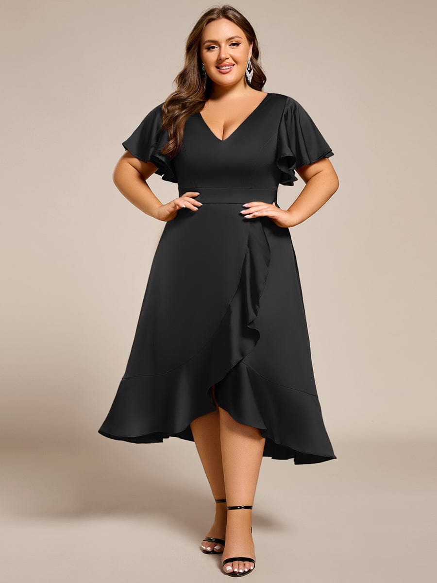 V-Neck Satin Midi Wedding Guest Dress with Ruffled Skirt #color_Black