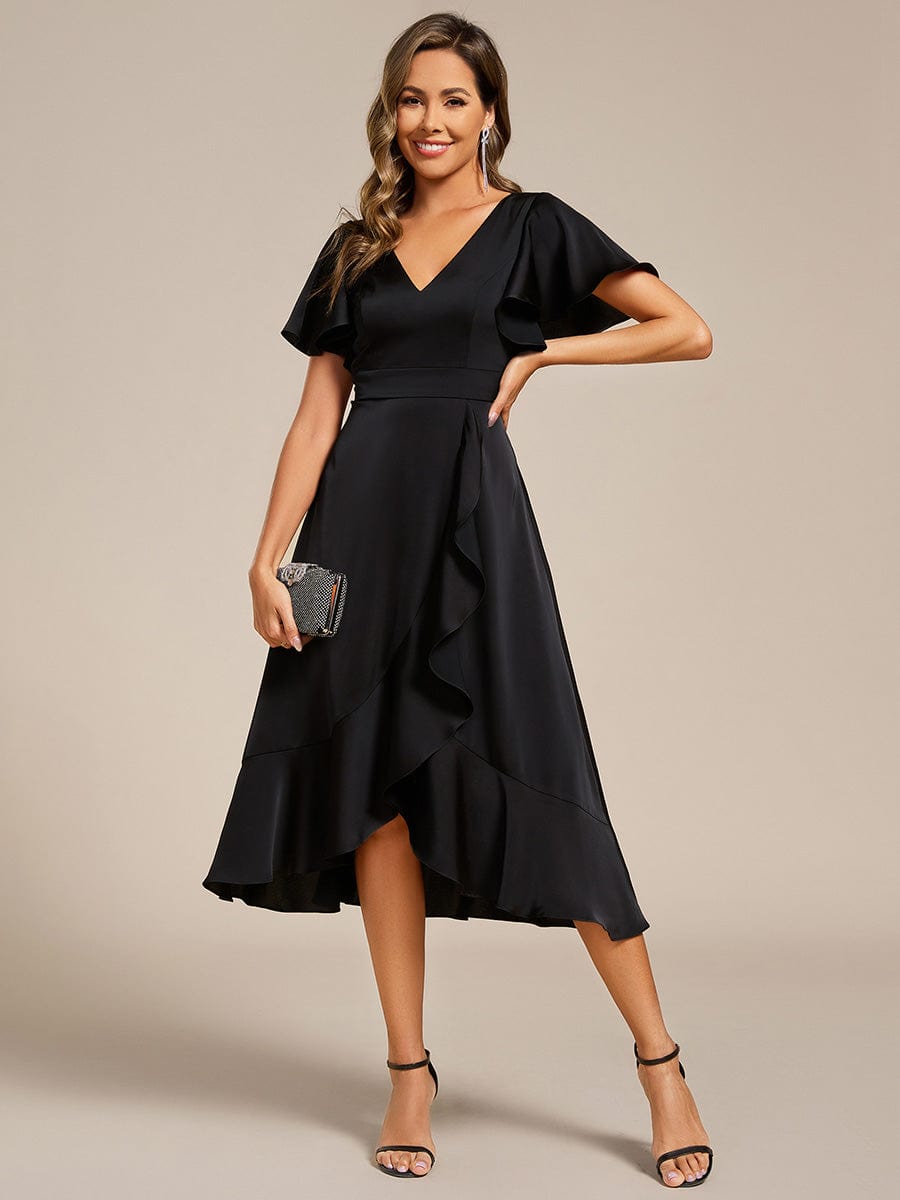 V-Neck Satin Midi Wedding Guest Dress with Ruffled Skirt #color_Black