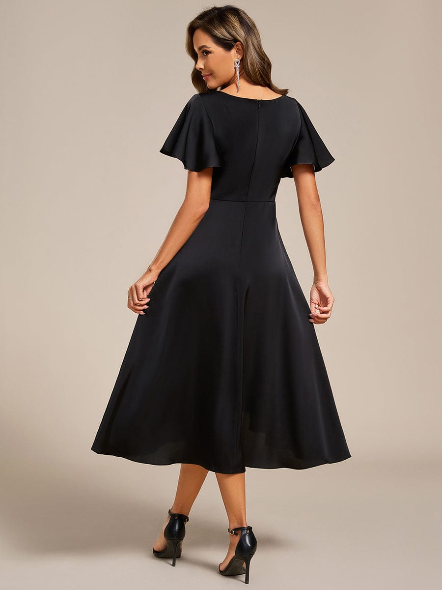 V-Neck Satin Midi Wedding Guest Dress with Ruffled Skirt #color_Black