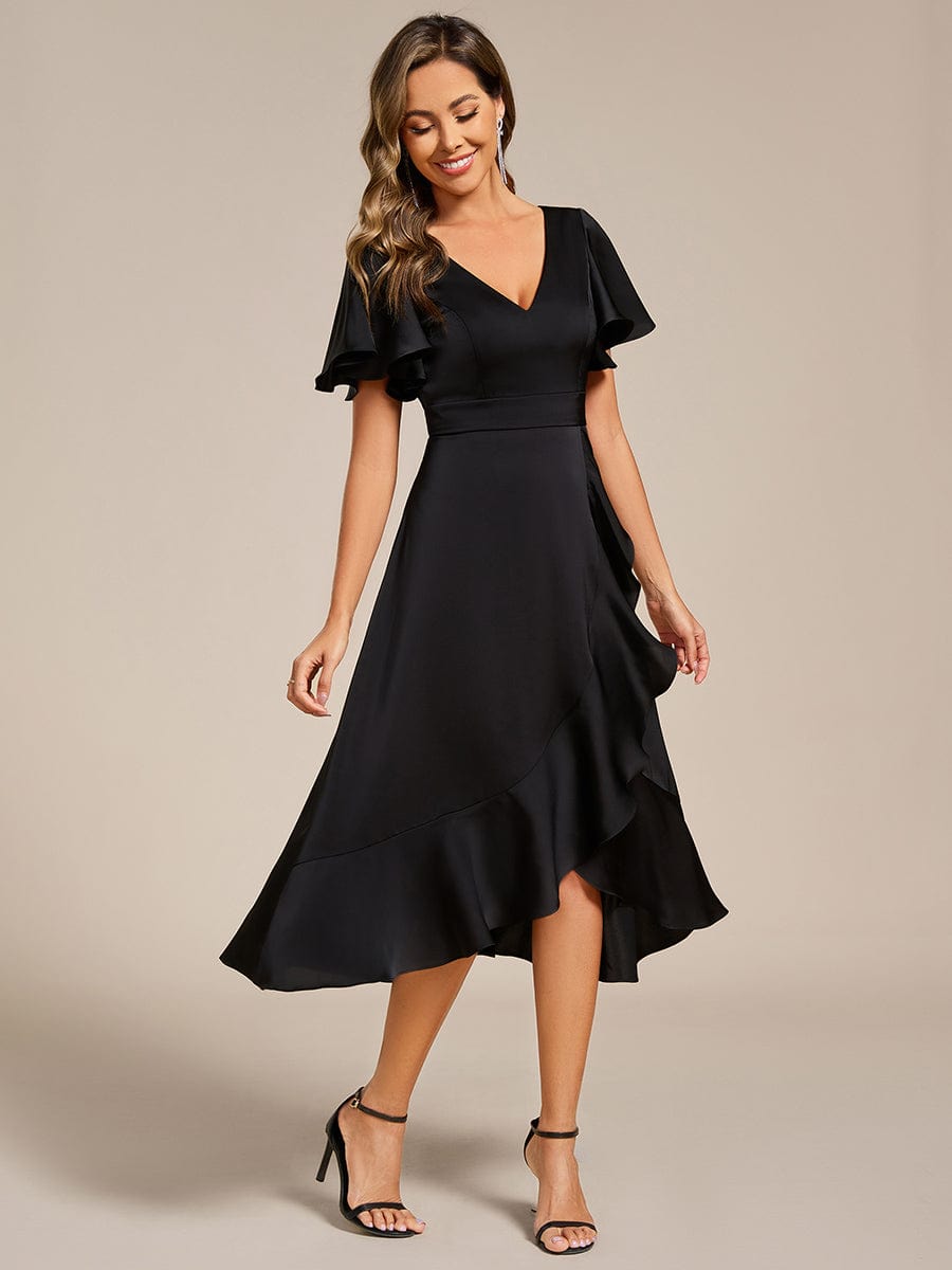 V-Neck Satin Midi Wedding Guest Dress with Ruffled Skirt #color_Black