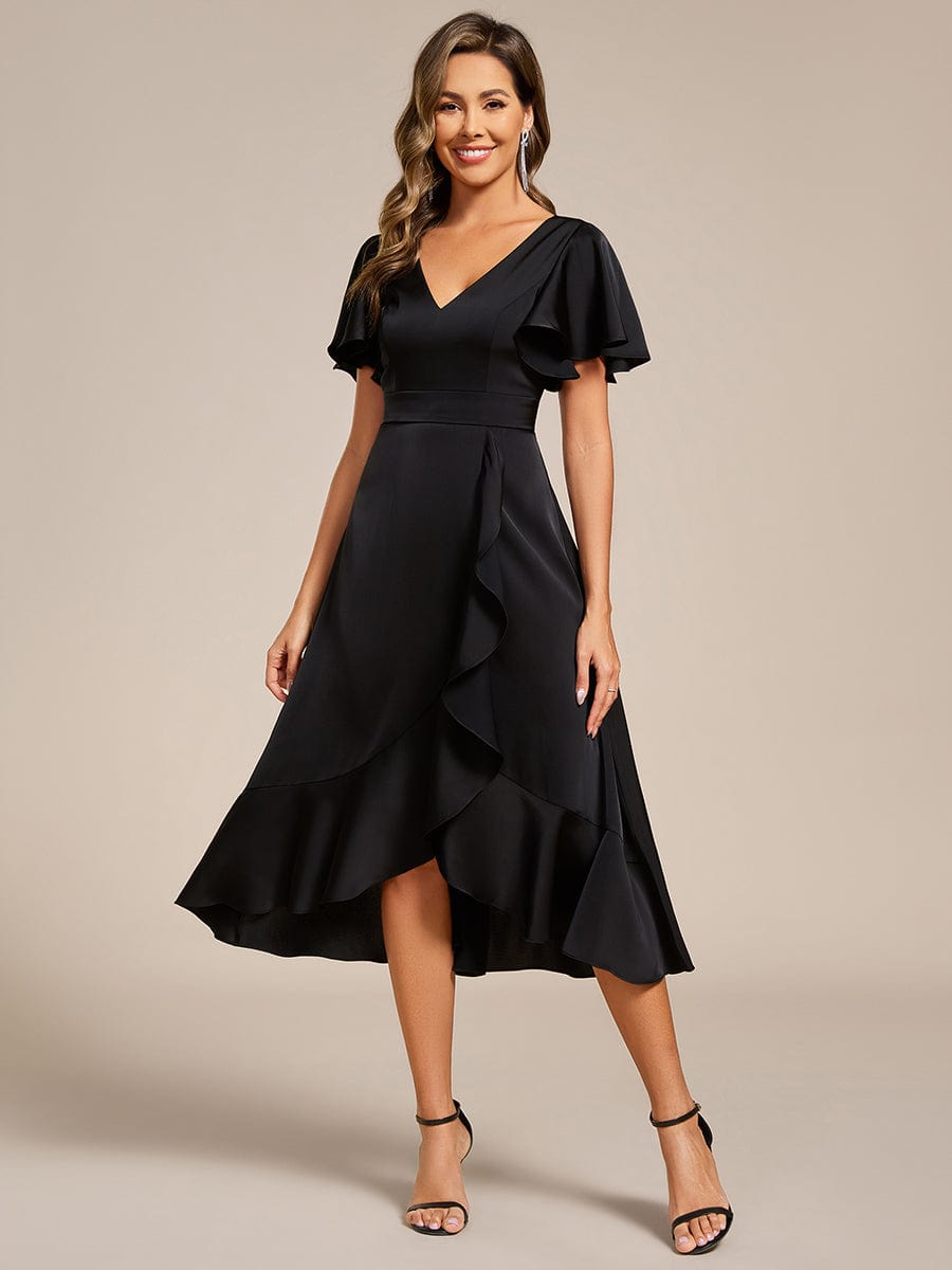 V-Neck Satin Midi Wedding Guest Dress with Ruffled Skirt #color_Black