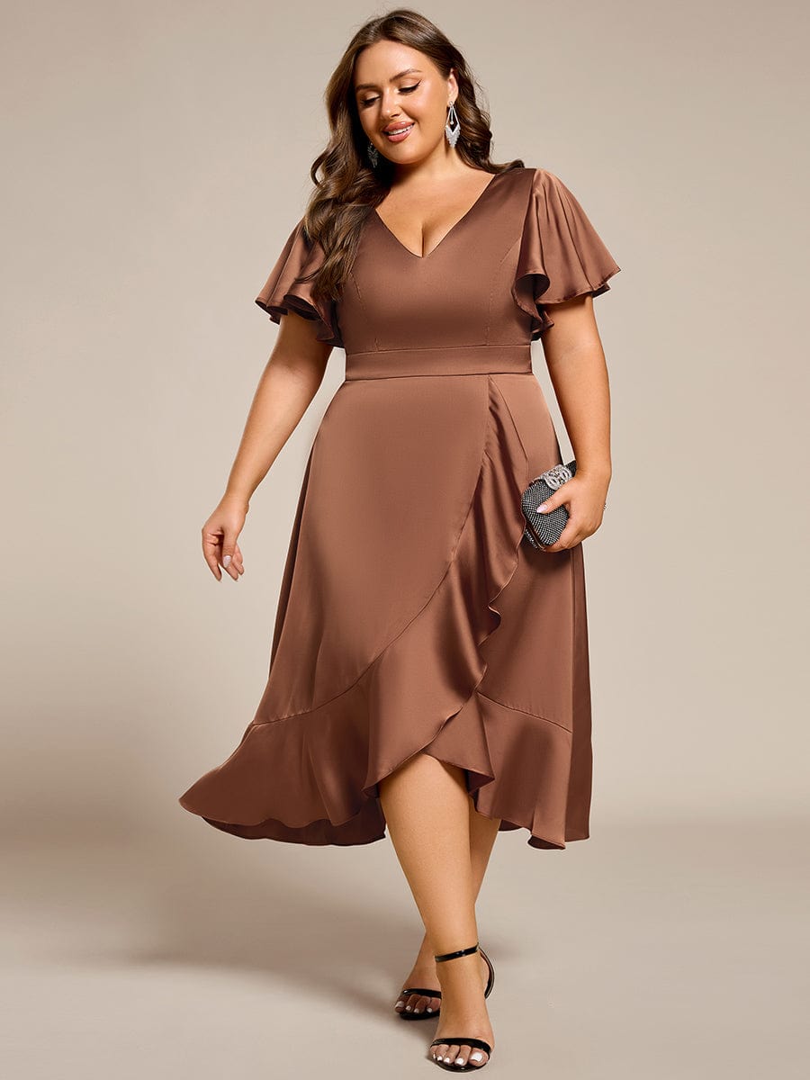 V-Neck Satin Midi Wedding Guest Dress with Ruffled Skirt #color_Brown