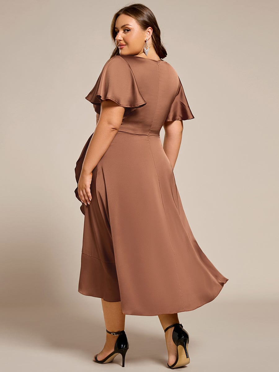 V-Neck Satin Midi Wedding Guest Dress with Ruffled Skirt #color_Brown