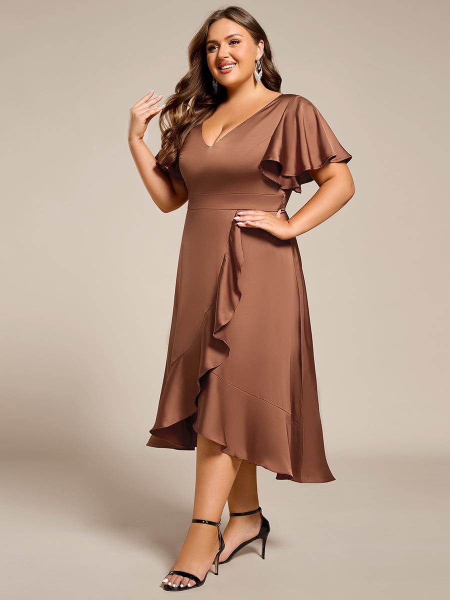 V-Neck Satin Midi Wedding Guest Dress with Ruffled Skirt #color_Brown