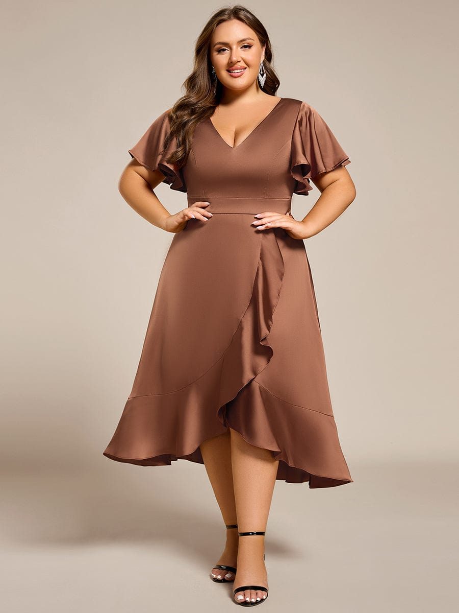 V-Neck Satin Midi Wedding Guest Dress with Ruffled Skirt #color_Brown