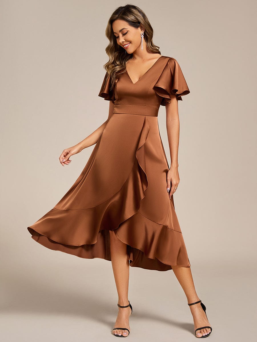 V-Neck Satin Midi Wedding Guest Dress with Ruffled Skirt #color_Brown