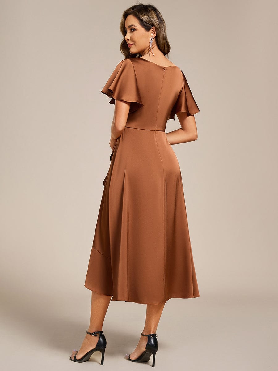 V-Neck Satin Midi Wedding Guest Dress with Ruffled Skirt #color_Brown