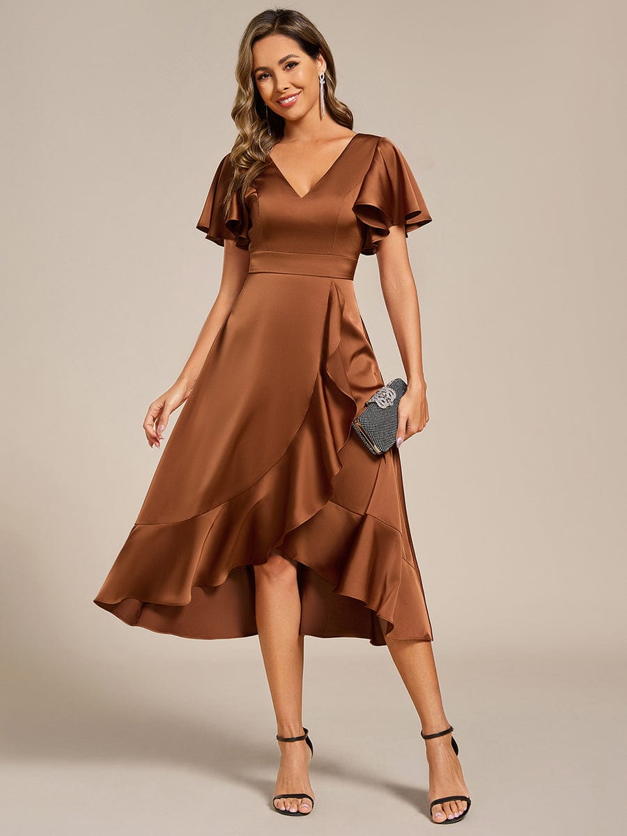 V-Neck Satin Midi Wedding Guest Dress with Ruffled Skirt #color_Brown