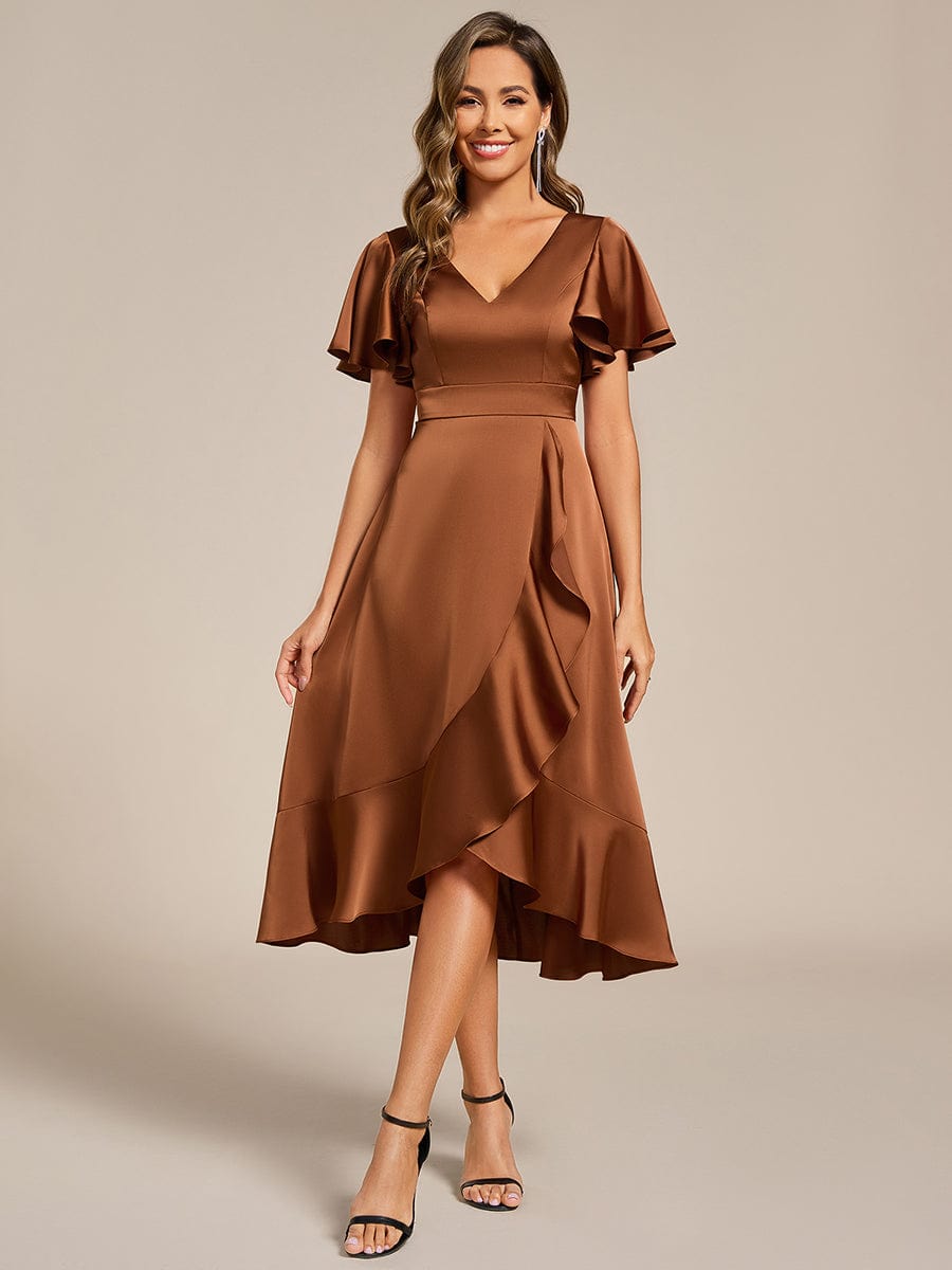 V-Neck Satin Midi Wedding Guest Dress with Ruffled Skirt #color_Brown