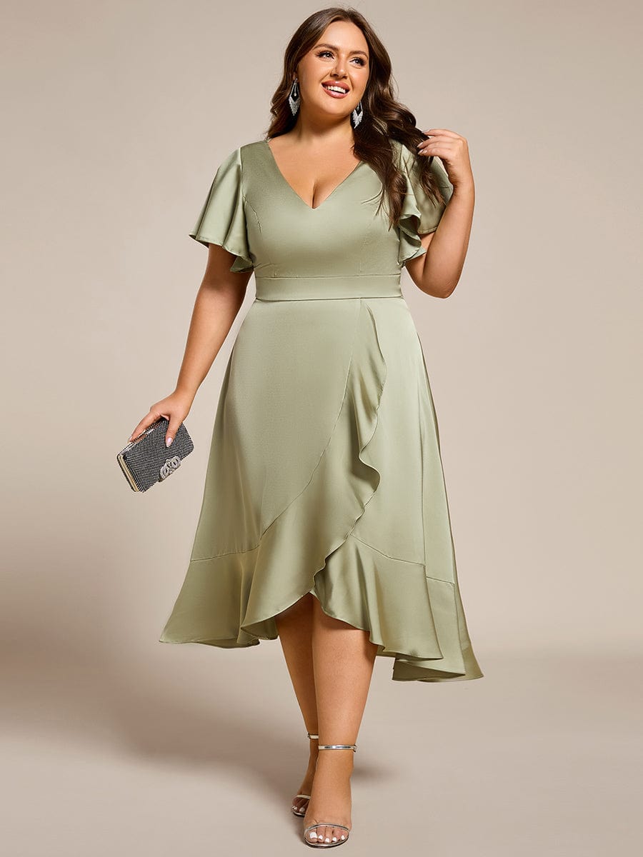 V-Neck Satin Midi Wedding Guest Dress with Ruffled Skirt #color_Sage Green