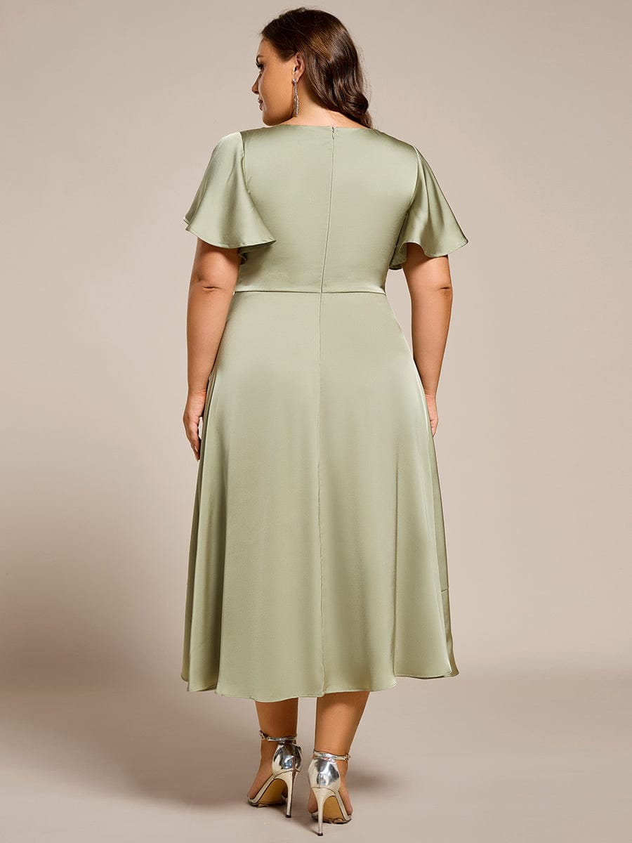 V-Neck Satin Midi Wedding Guest Dress with Ruffled Skirt #color_Sage Green