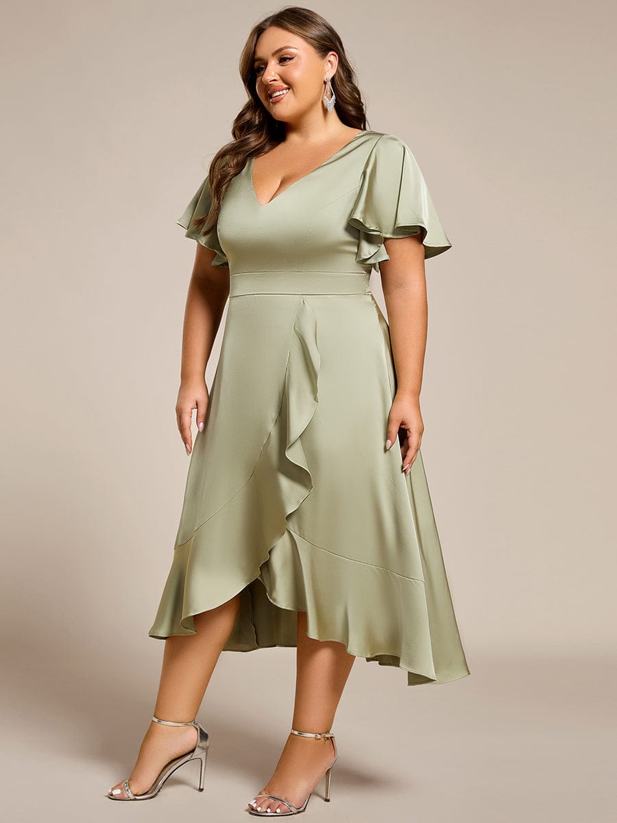 V-Neck Satin Midi Wedding Guest Dress with Ruffled Skirt #color_Sage Green