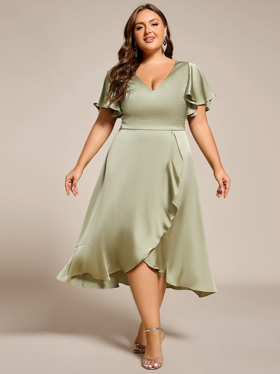 V-Neck Satin Midi Wedding Guest Dress with Ruffled Skirt #color_Sage Green