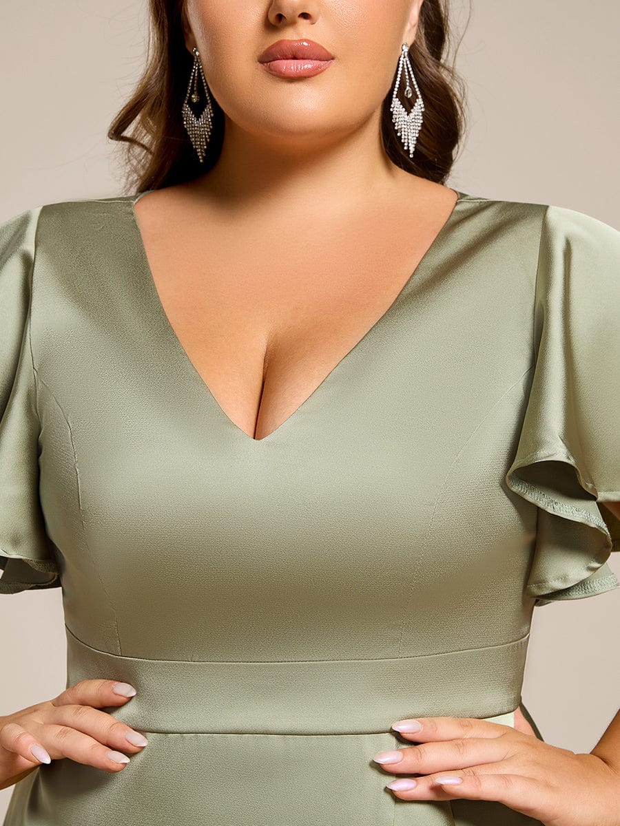 Plus Size V-Neck Satin Midi Wedding Guest Dress with Ruffled Skirt #color_Sage Green