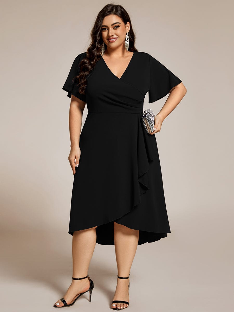 High-Stretch V-neck Midi Wedding Guest Dress #color_Black