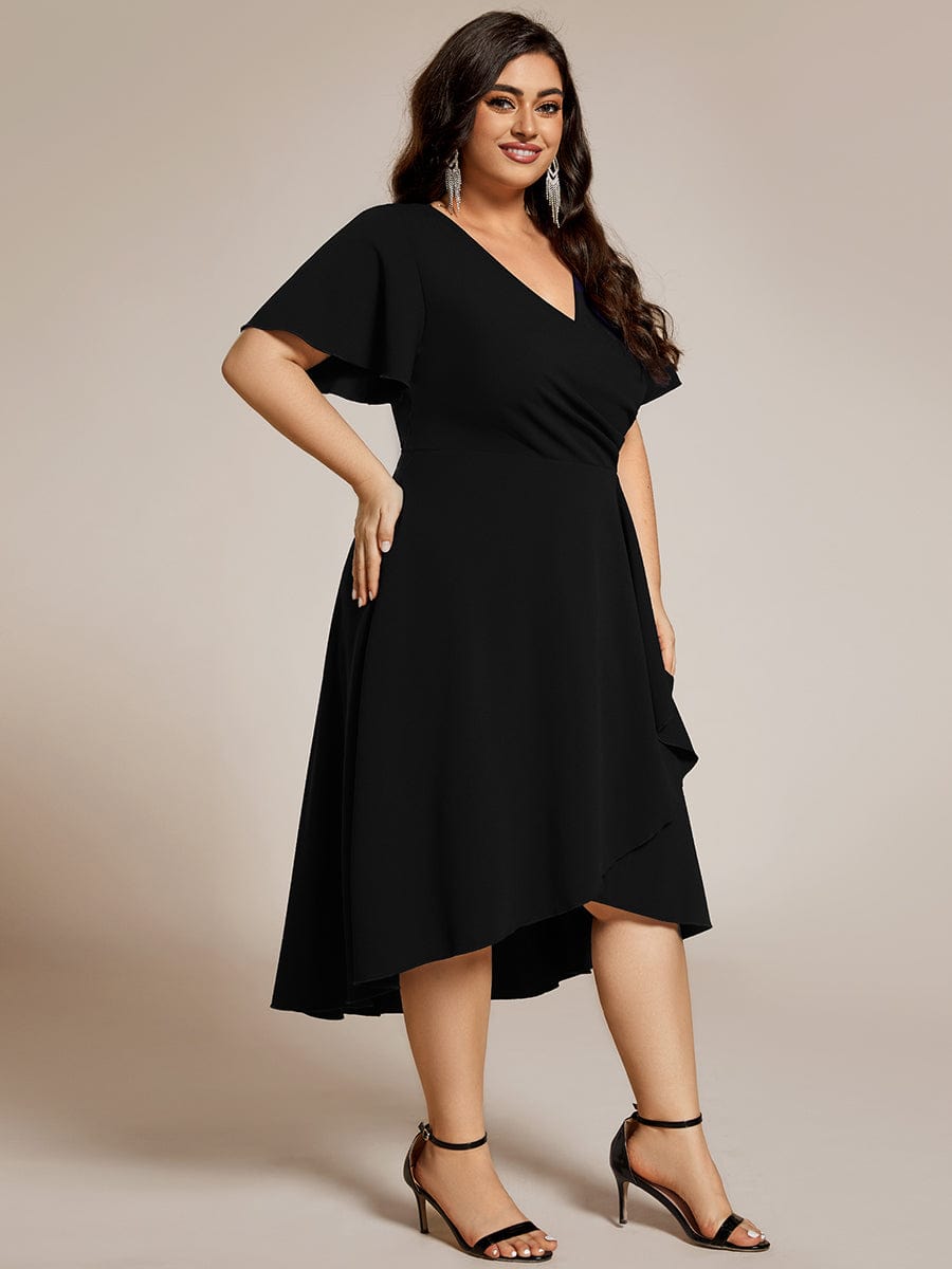 High-Stretch V-neck Midi Wedding Guest Dress #color_Black