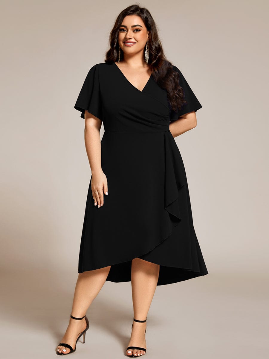 High-Stretch V-neck Midi Wedding Guest Dress #color_Black