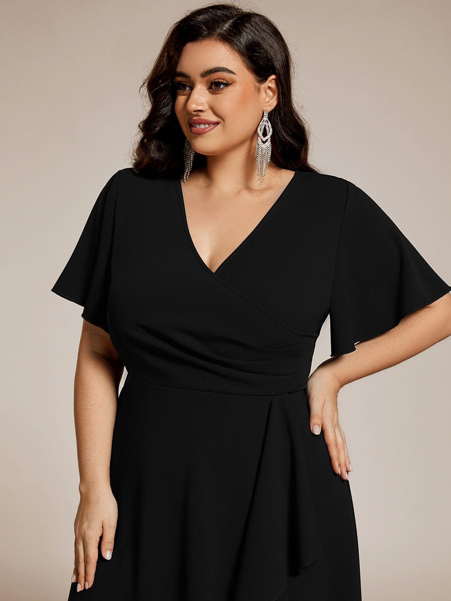 Plus Size High-Stretch V-neck Midi Wedding Guest Dress #color_Black