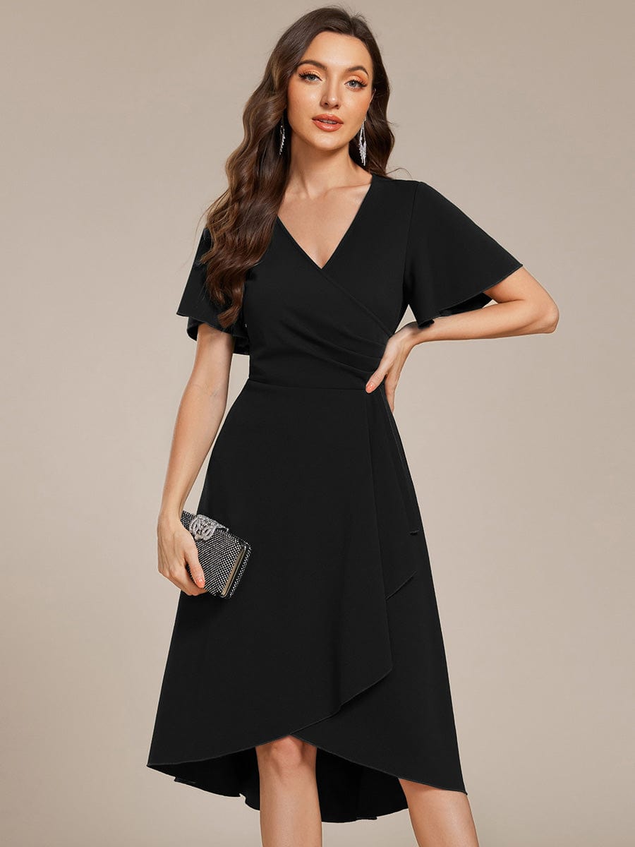 High-Stretch V-neck Midi Wedding Guest Dress #color_Black