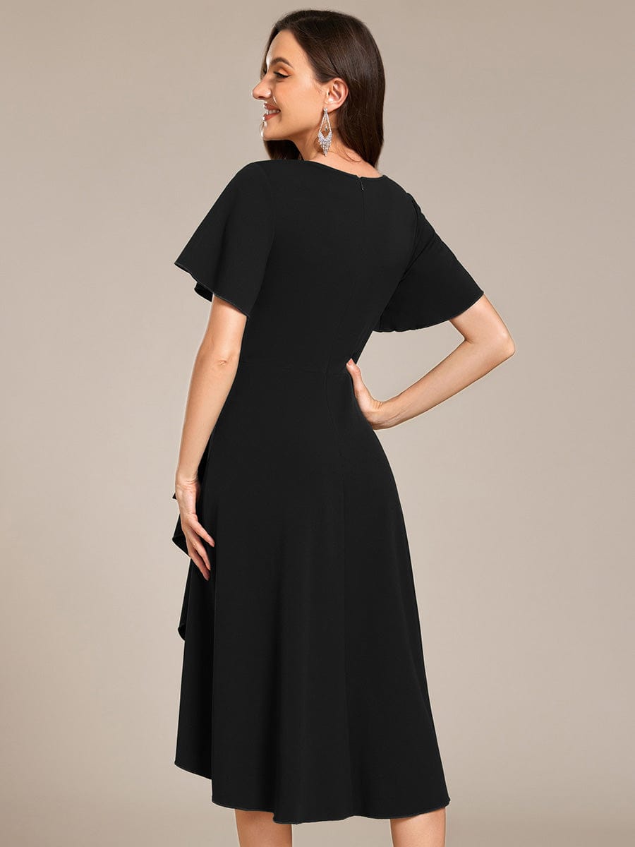 High-Stretch V-neck Midi Wedding Guest Dress #color_Black