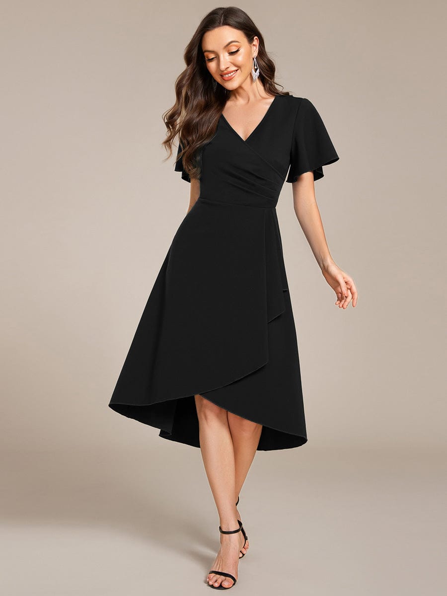 High-Stretch V-neck Midi Wedding Guest Dress #color_Black