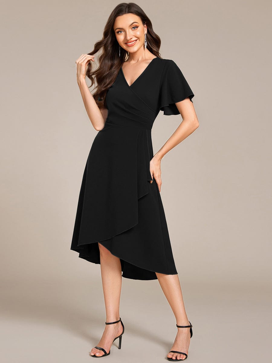 High-Stretch V-neck Midi Wedding Guest Dress #color_Black