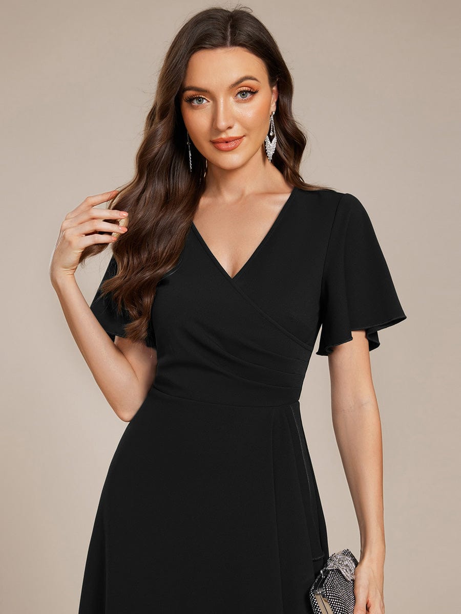 High-Stretch V-neck Midi Wedding Guest Dress #color_Black