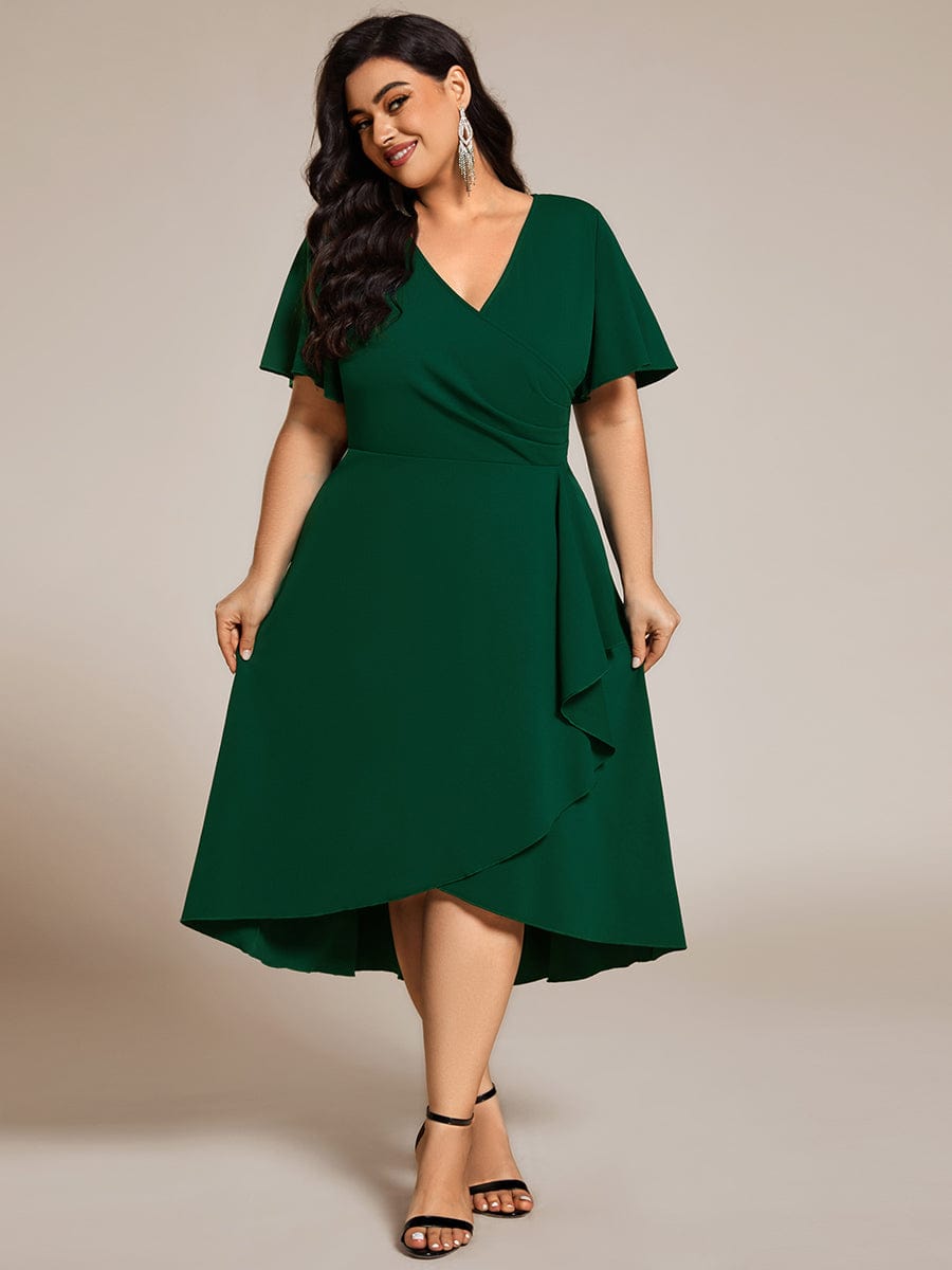 High-Stretch V-neck Midi Wedding Guest Dress #color_Dark Green