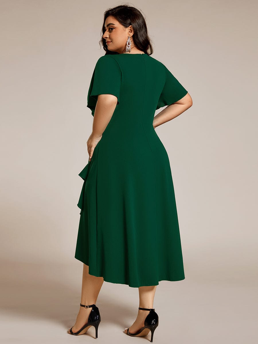 High-Stretch V-neck Midi Wedding Guest Dress #color_Dark Green