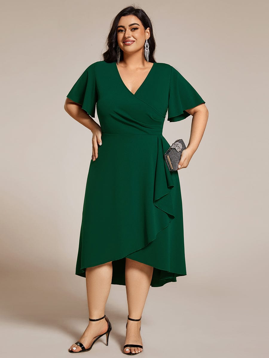 High-Stretch V-neck Midi Wedding Guest Dress #color_Dark Green