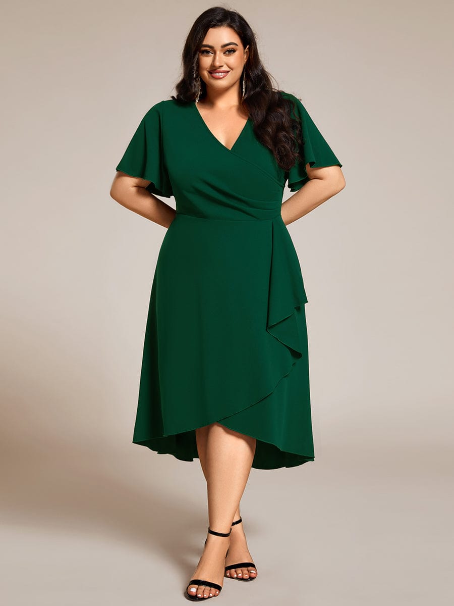 High-Stretch V-neck Midi Wedding Guest Dress #color_Dark Green