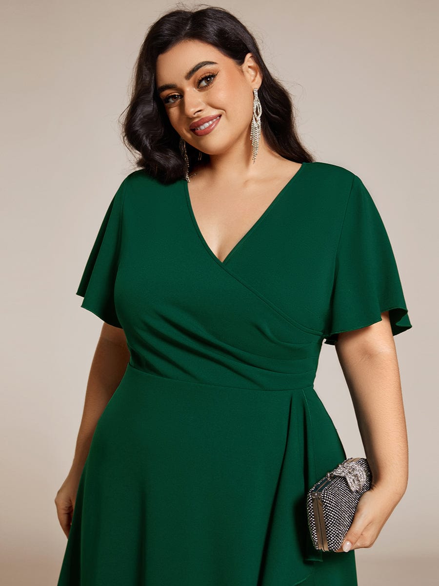 High-Stretch V-neck Midi Wedding Guest Dress #color_Dark Green