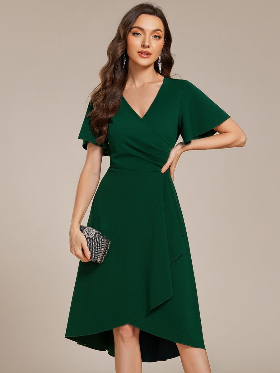 High-Stretch V-neck Midi Wedding Guest Dress #color_Dark Green