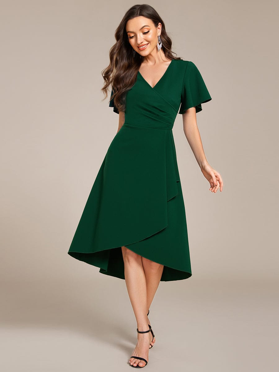 High-Stretch V-neck Midi Wedding Guest Dress #color_Dark Green