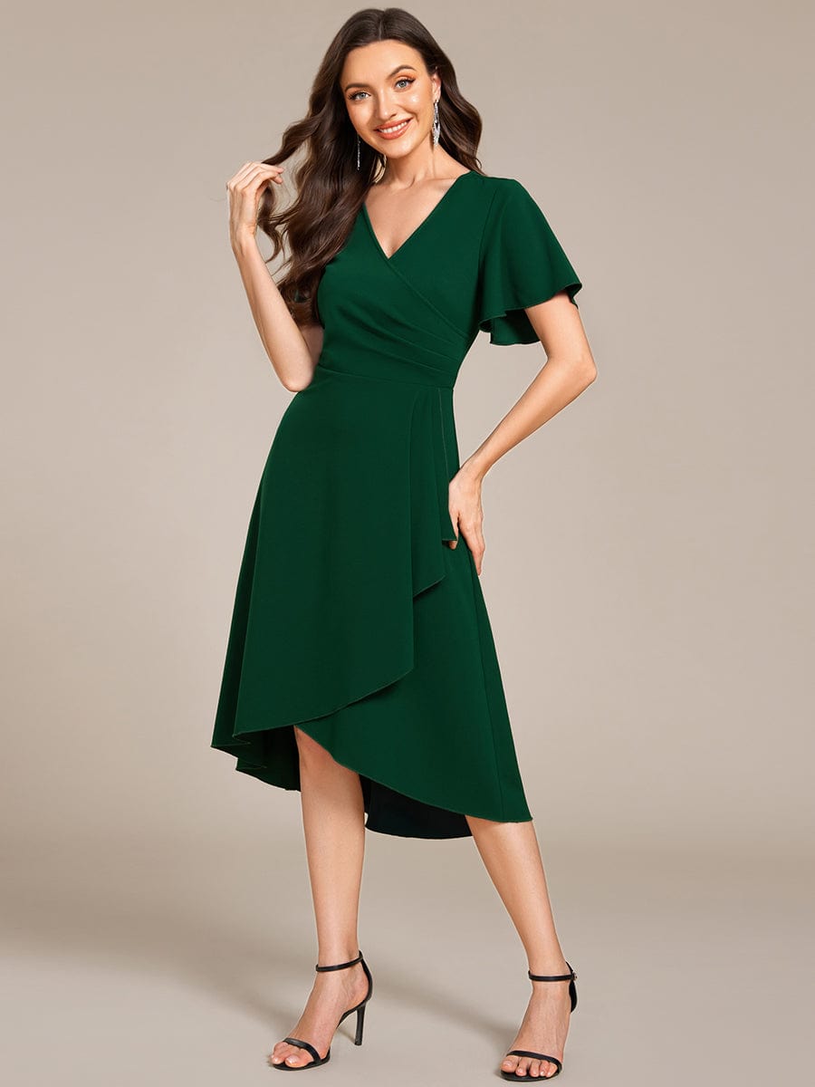 High-Stretch V-neck Midi Wedding Guest Dress #color_Dark Green