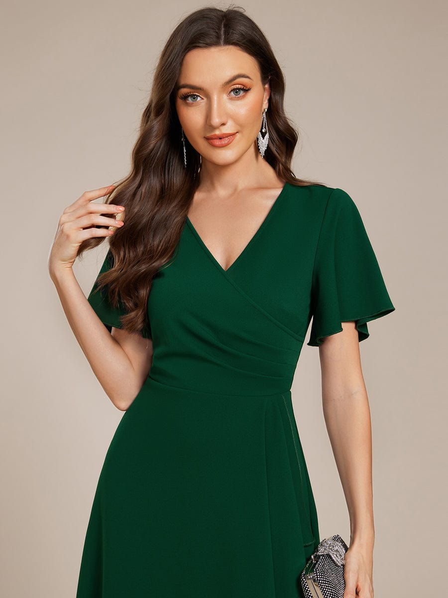 High-Stretch V-neck Midi Wedding Guest Dress #color_Dark Green