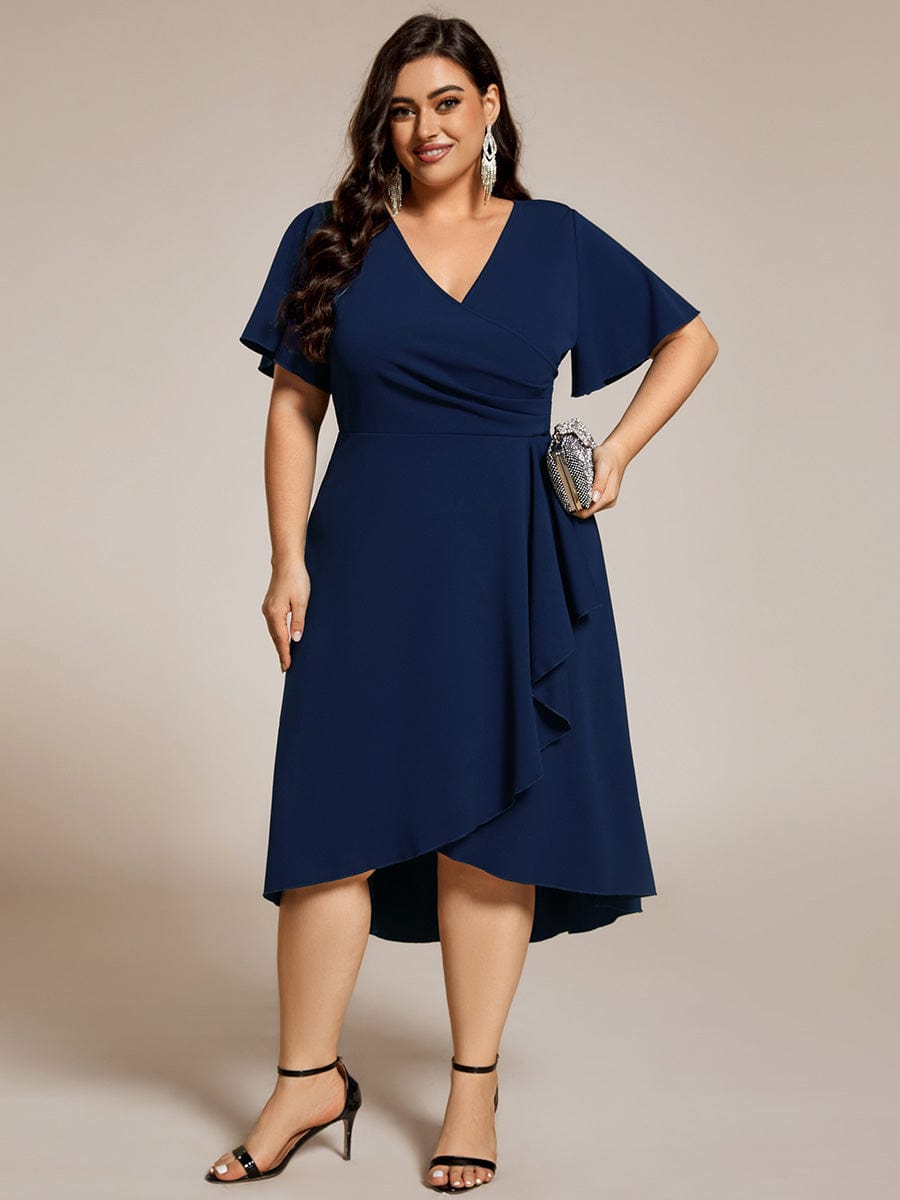 High-Stretch V-neck Midi Wedding Guest Dress #color_Navy Blue