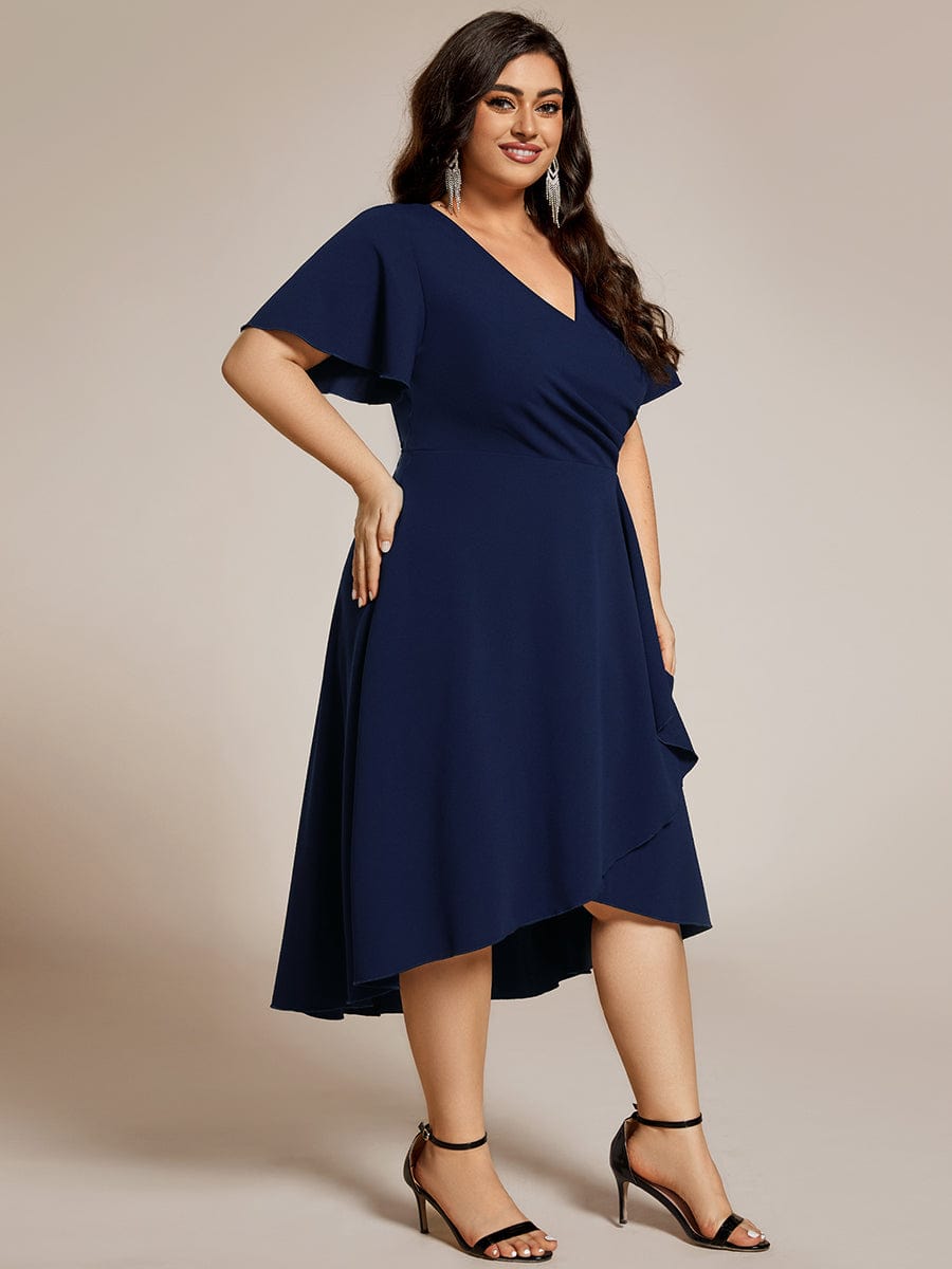 High-Stretch V-neck Midi Wedding Guest Dress #color_Navy Blue