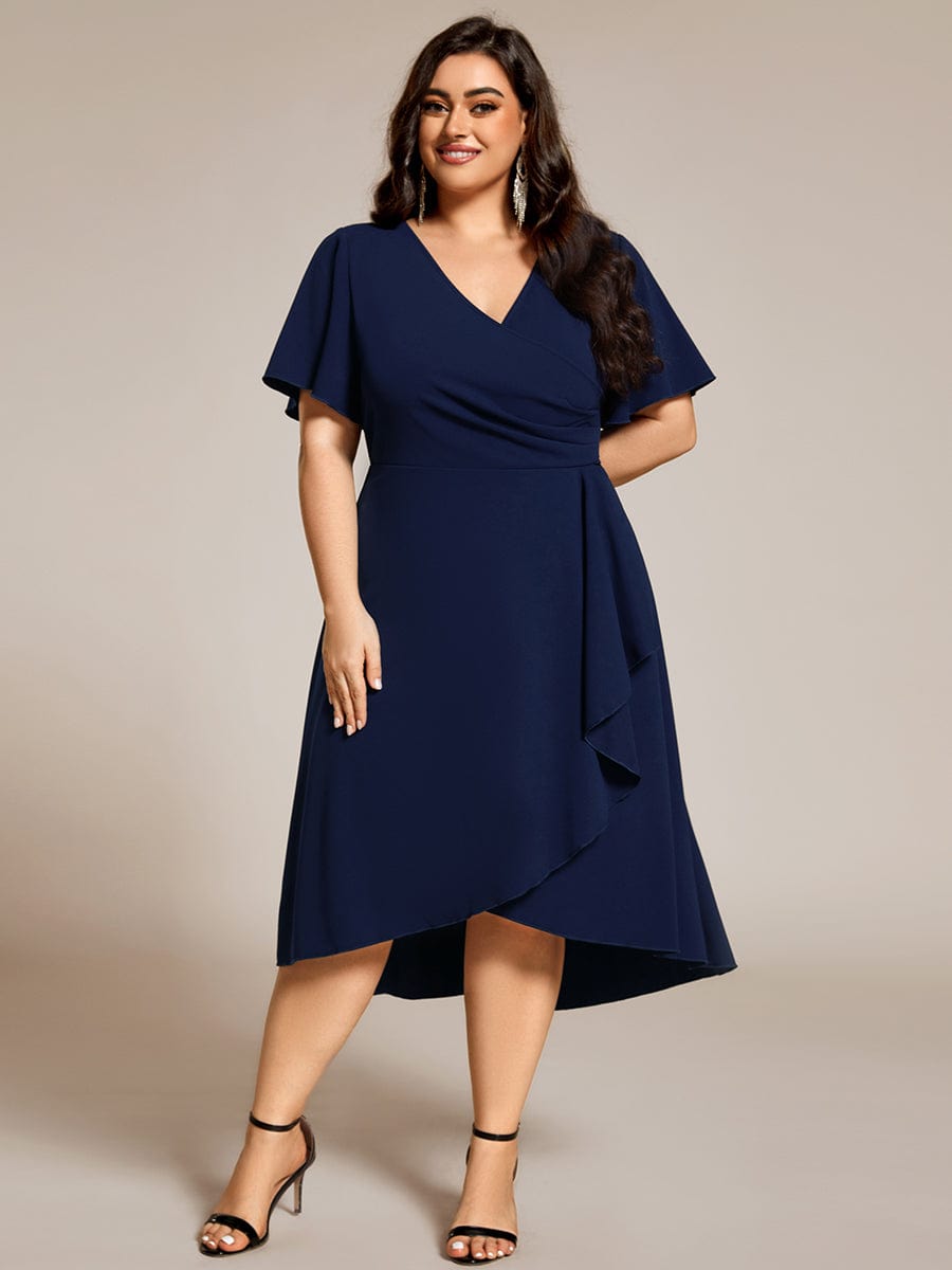 High-Stretch V-neck Midi Wedding Guest Dress #color_Navy Blue