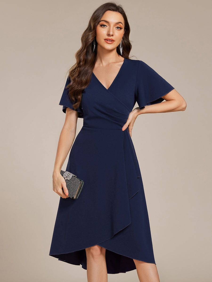 High-Stretch V-neck Midi Wedding Guest Dress #color_Navy Blue