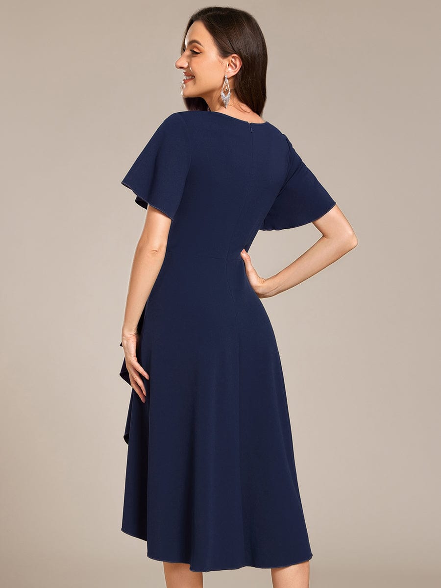 High-Stretch V-neck Midi Wedding Guest Dress #color_Navy Blue