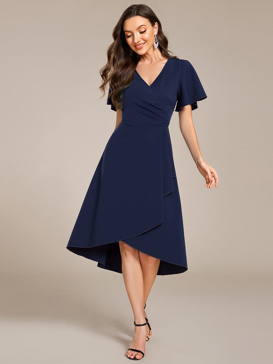 High-Stretch V-neck Midi Wedding Guest Dress #color_Navy Blue