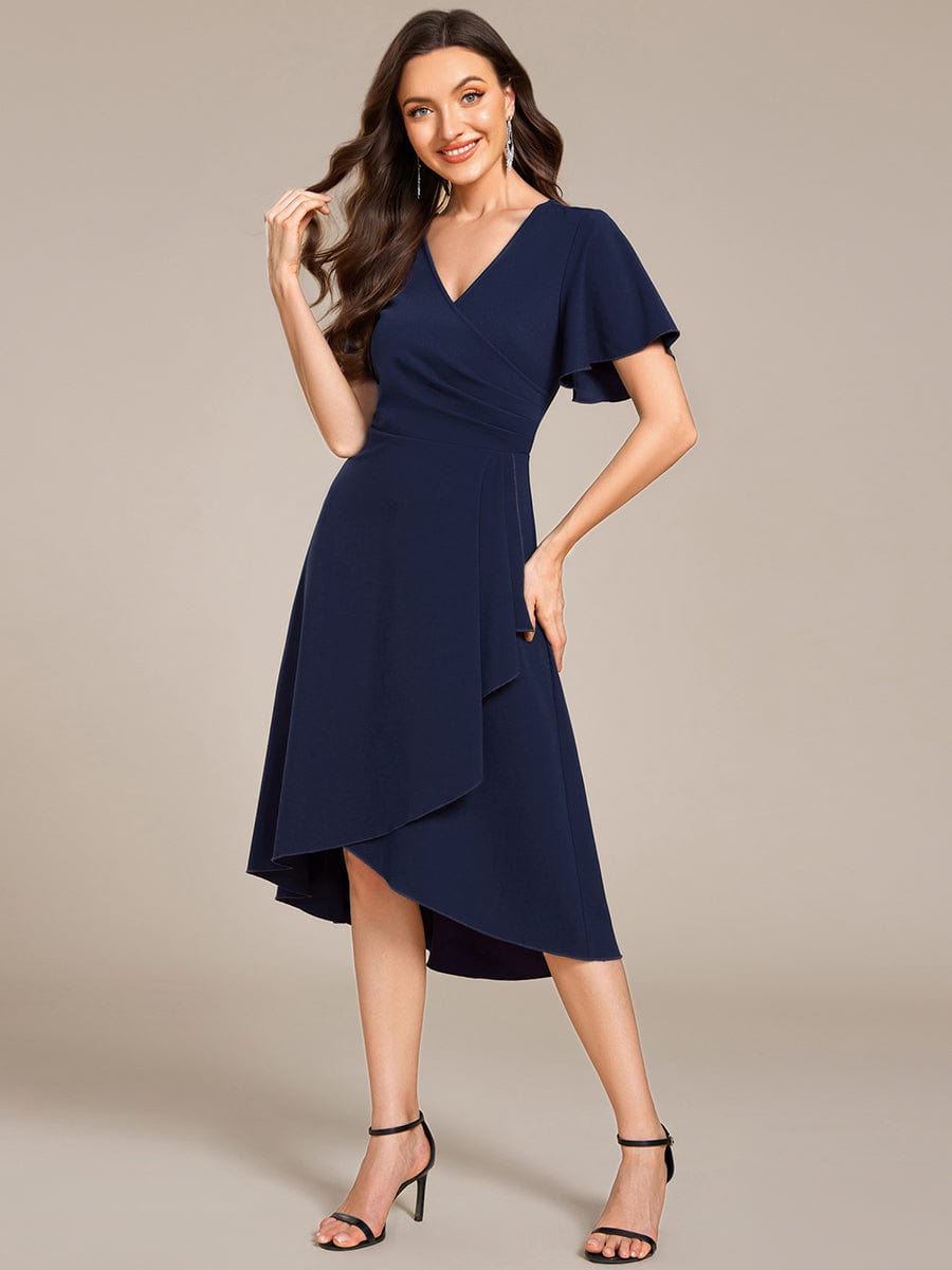 High-Stretch V-neck Midi Wedding Guest Dress #color_Navy Blue