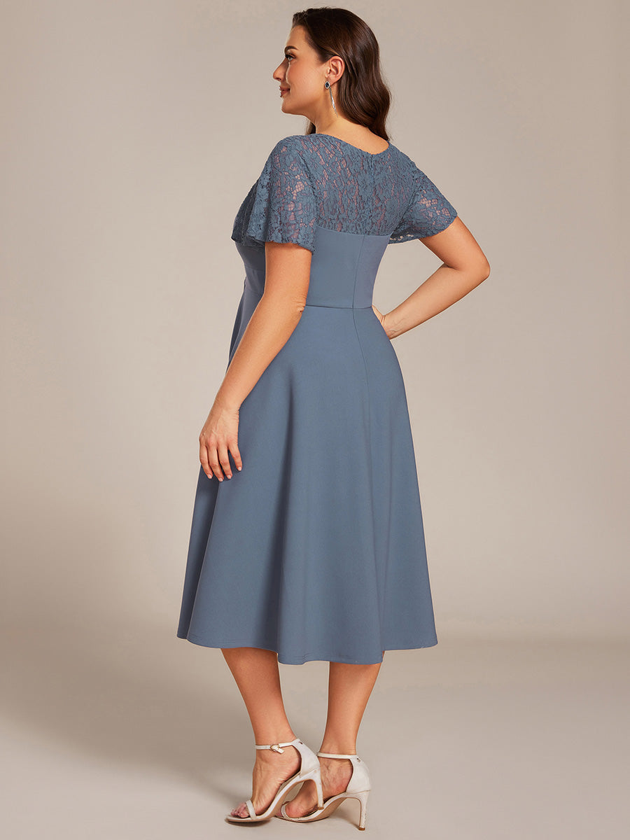 Plus Size A-Line Pleated Midi Wedding Guest Dress with Pockets #color_Denim Blue