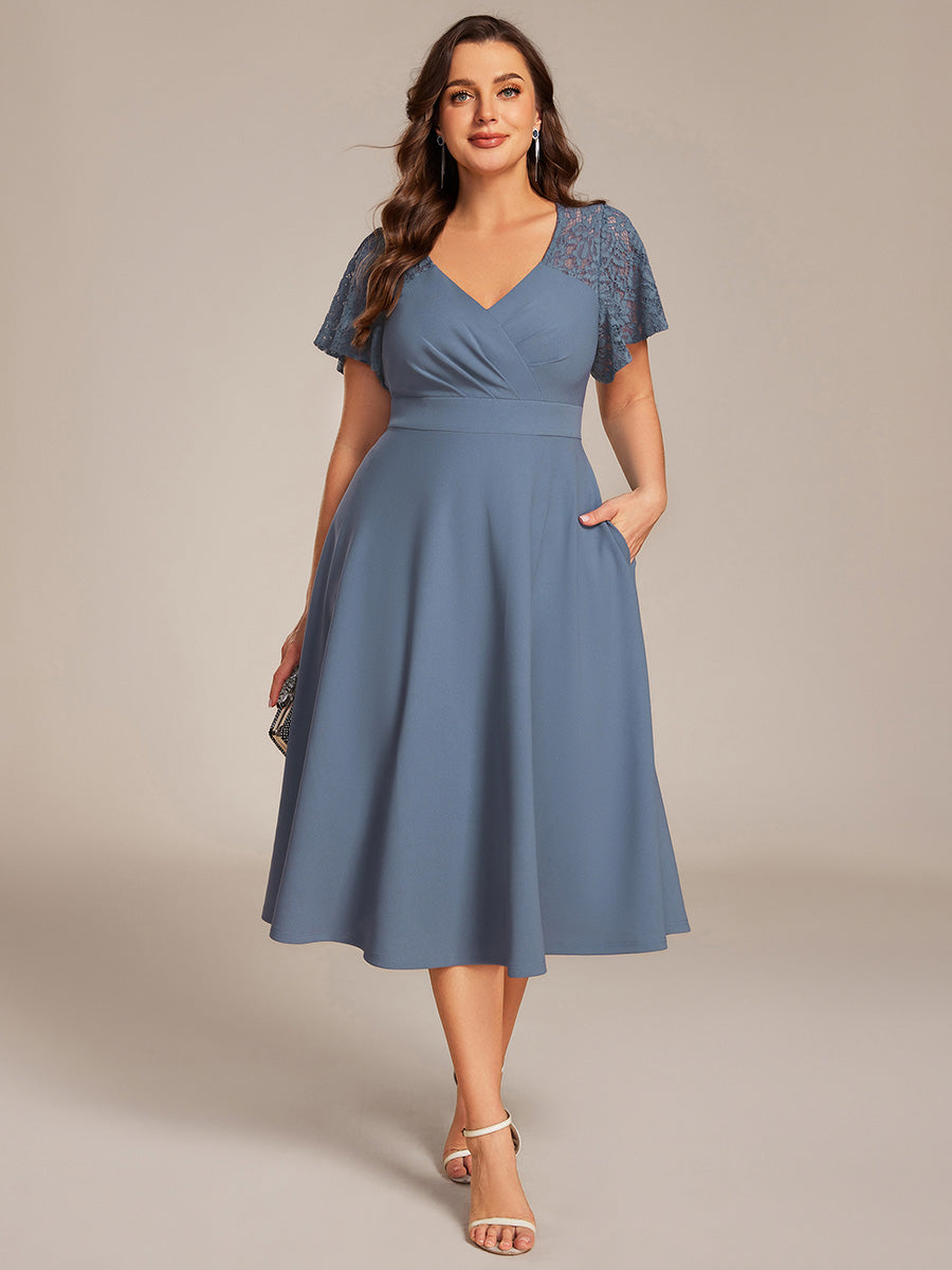 Plus Size A-Line Pleated Midi Wedding Guest Dress with Pockets #color_Denim Blue