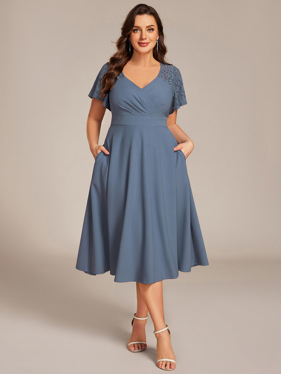 Short Sleeves A-Line Midi Wedding Guest Dress with Pockets #color_Denim Blue